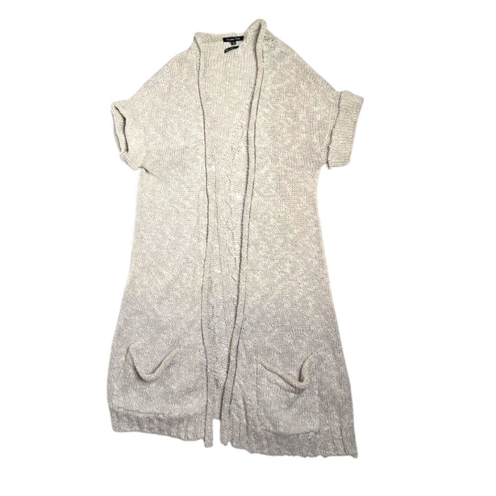 MASSIMO DUTTI neutral beige cotton linen longline short sleeve cardigan sweater
